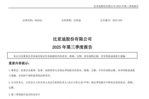 比亚迪：2025年前三季度营收5662.66亿元 净利润233.33亿元