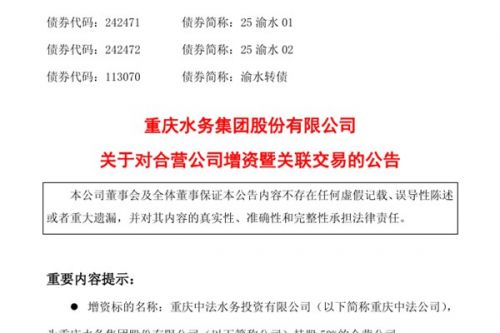 重庆水务对合营公司增资2000万美元