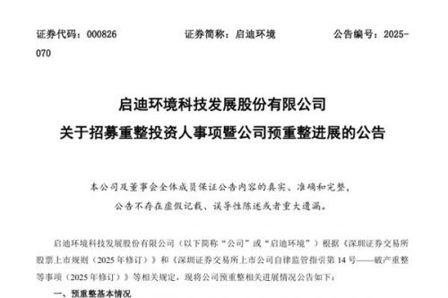 启迪环境披露重整进度：35家意向投资人报名