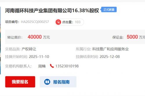 底价4亿元！河南循环集团16.38％股权挂牌转让
