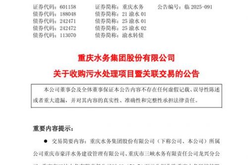 重庆水务：拟3.82亿元收购三个污水处理项目资产