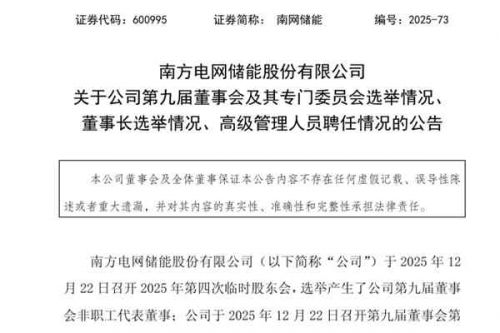 南网储能选举刘国刚为董事长