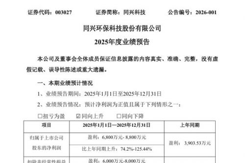 同兴科技：预计2025年净利润盈利6800万-8800万 同比上升74.2%-125.44%