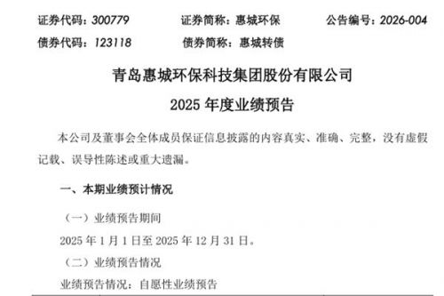 惠城环保：预计2025年度净利润盈利5500万-7000万 同比增长29.11%-64.32%
