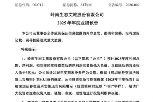 ST岭南：预计2025年净利润亏损16.3亿元-23.8亿元