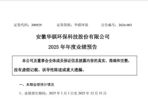华骐环保：预计2025年净利润亏损2500万元-4000万元
