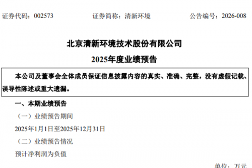 清新环境2025年度业绩预亏！