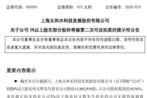 *ST太和股东股权八折拍卖：517万股4392万元起拍