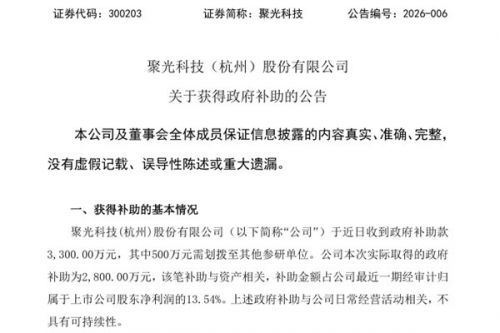 聚光科技获得政府补助2800万元