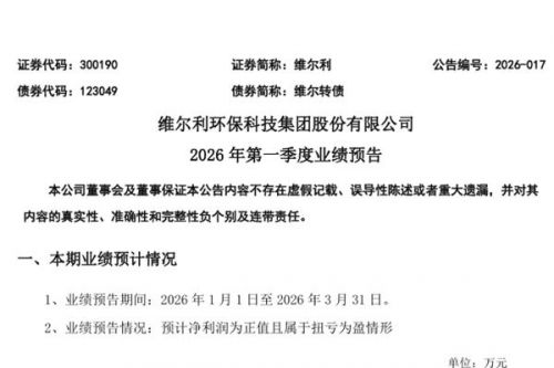 维尔利：预计2026年第一季度净利润盈利400万-600万