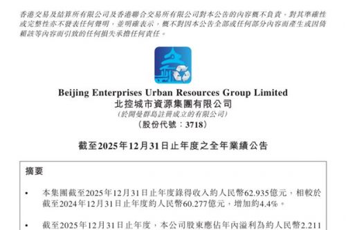 北控城市资源：2025年股东应占年内溢利约2.2亿，同比增加760.6%