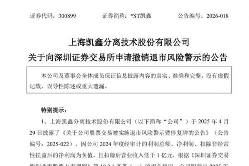 *ST凯鑫：已向深交所申请撤销退市风险