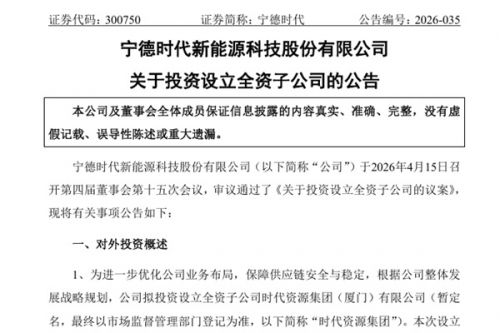 宁德时代拟300亿元设立全资子公司 整合现有矿业相关资产