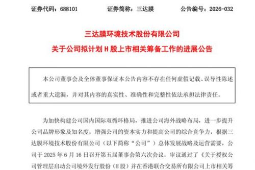 三达膜披露拟计划H股上市相关筹备工作的进展