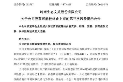 *ST岭南：关于公司股票可能被终止上市的第三次风险提示